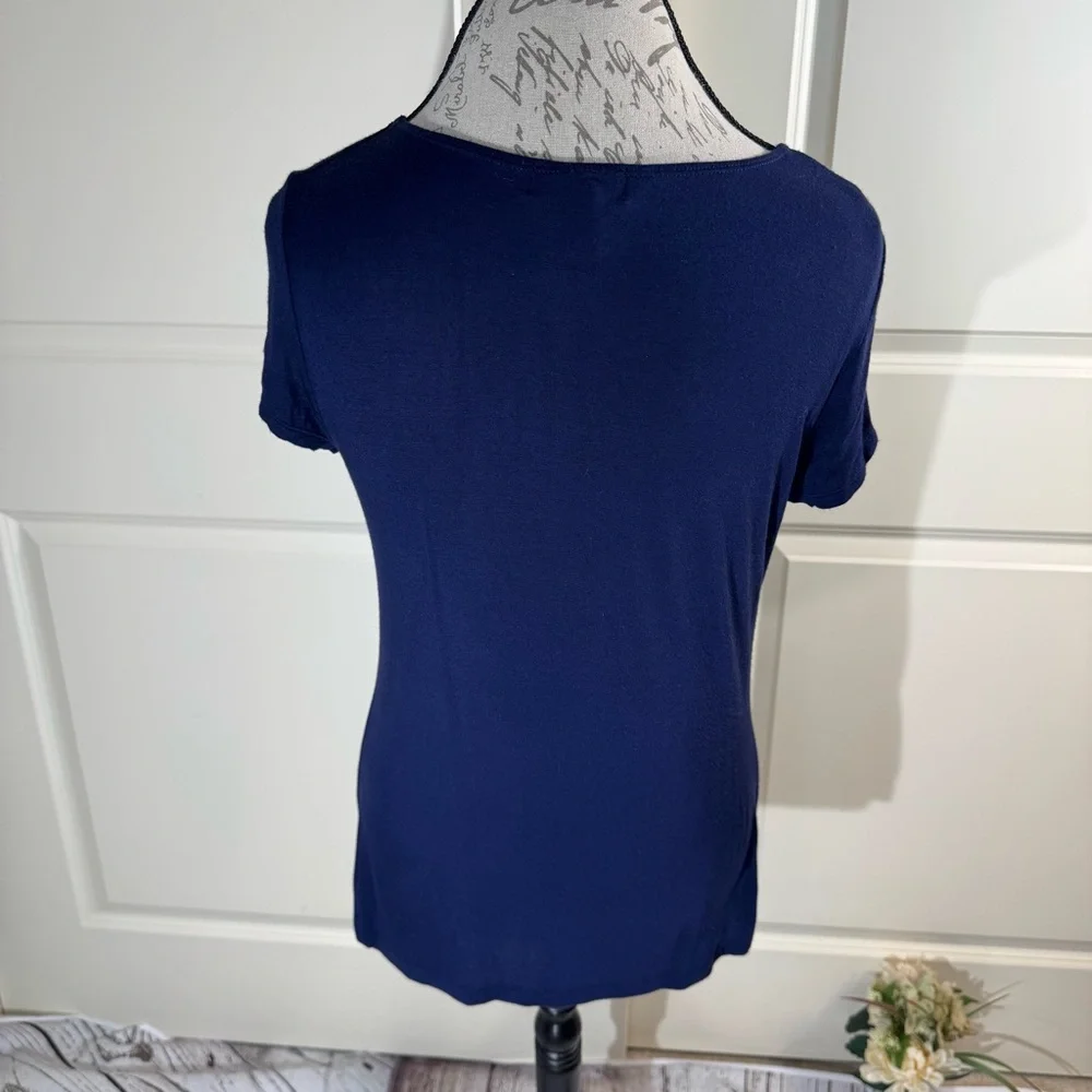 Carole Little Navy Short Sleeve Scoop Neck Top with Beading PL